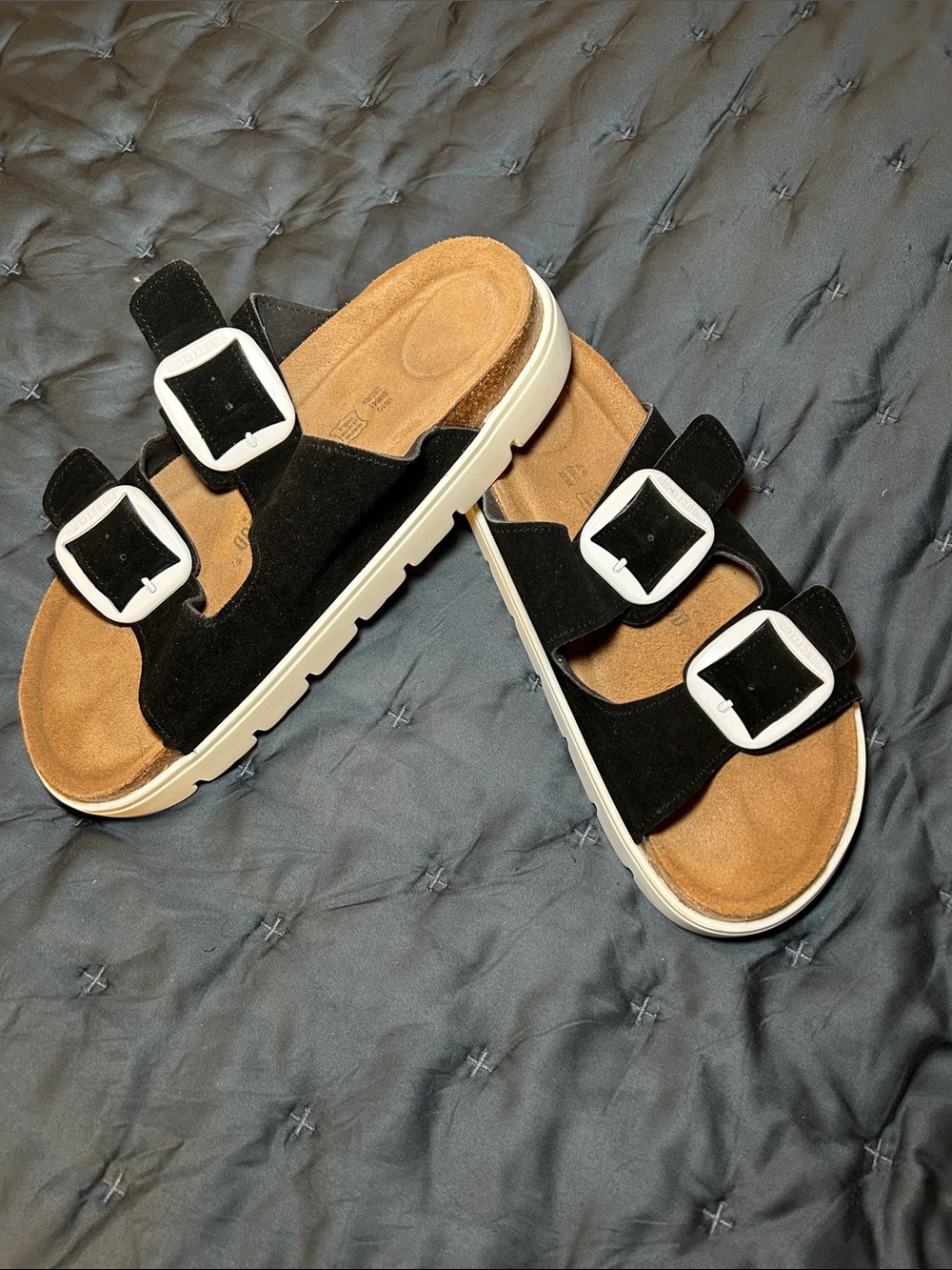 Women's Black Suede Double-Strap Sandals with White Buckles - Picture 2 of 4